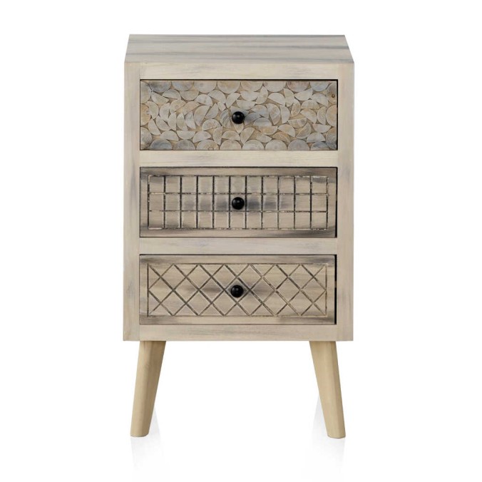 Mesilla 3 cajones estilo étnico madera alamo pátina gris - 42x40x70h
