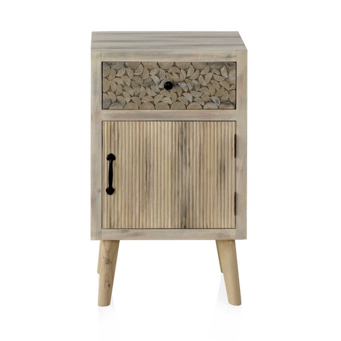 Mesilla con cajón y puerta estilo étnico alamo pátina gris - 42x40x70h