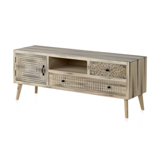 Mueble TV estilo étnico madera álamo con pátina gris - 140x40x55h