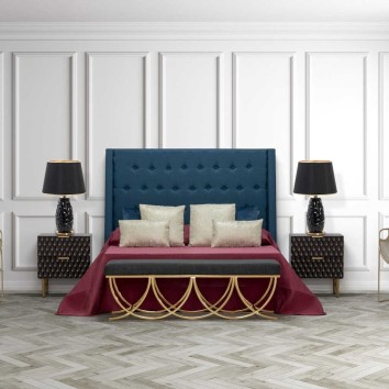 pie de cama inox. dorado y lino negro 142x46x46 cm 2