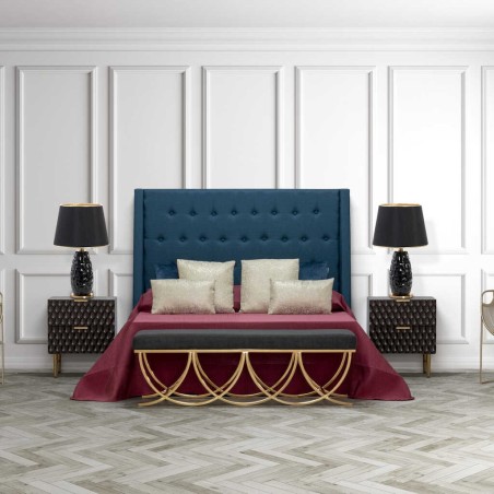 pie de cama inox. dorado y lino negro 142x46x46 cm