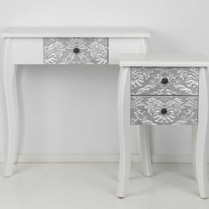 mesita madera blanca-plata tallada 45x35x70 cm