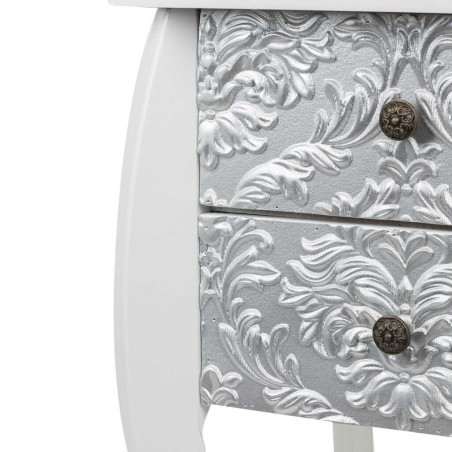 mesita madera blanca-plata tallada 45x35x70 cm