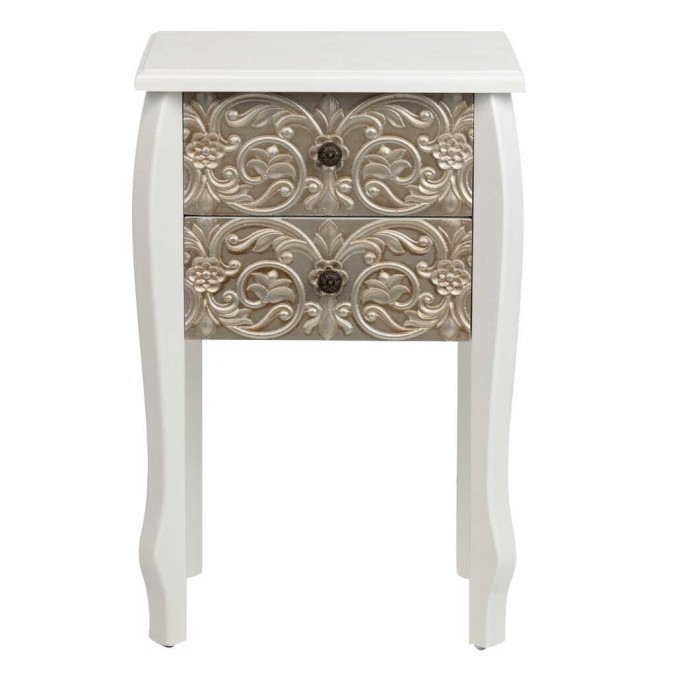 mesita madera blanca champagne tallada 45x35x70 cm