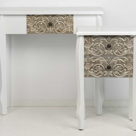 mesita madera blanca champagne tallada 45x35x70 cm