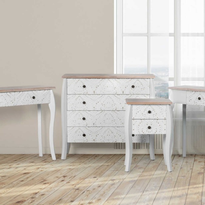 consola madera tallada blanca-natural 100x30x80 cm