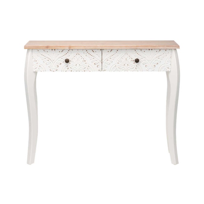 consola madera tallada blanca-natural 100x30x80 cm