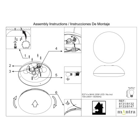 Plafón 4 Luces serie KAZZ Madera - 38x13.5h