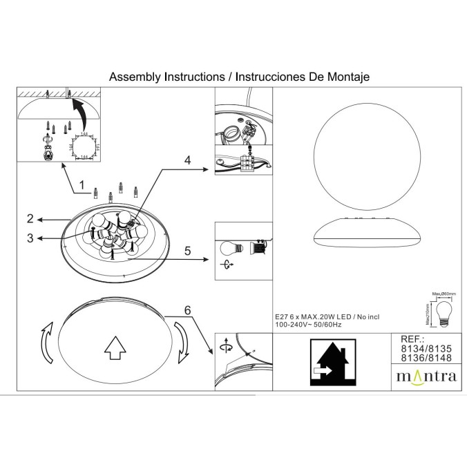Plafón 6 Luces serie KAZZ Negro - 50x13.8h