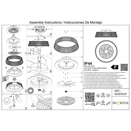 Plafón LED 55W Ventilador 25W serie POLINESIA NATURAL MINI Cuerda Nat - 57.5x19.5h