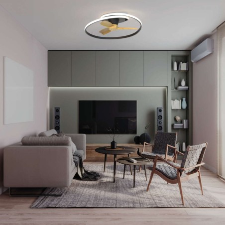 Plafón LED 70W Ventilador 35W serie OCEAN Negra/Madera - 78x73x22h