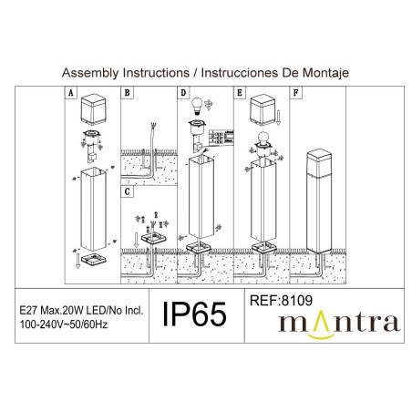 Baliza exterior E27 IP65 serie CHICAGO Gris Oscuro - 11x11x65h