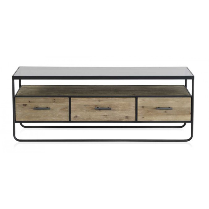 Mueble tv color natural. Madera de abeto, cristal y hierro. 134X38X50h Mueble tv color natural. Madera de abeto, cristal y hierro. 134X38X50h