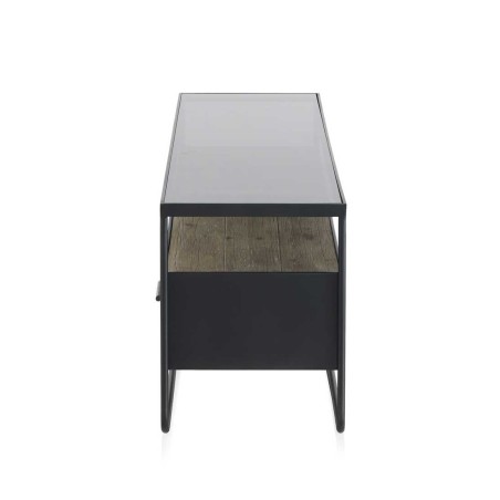Mueble tv color natural. Madera de abeto, cristal y hierro. 134X38X50h