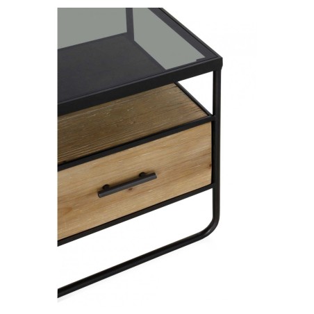 Mueble tv color natural. Madera de abeto, cristal y hierro. 134X38X50h
