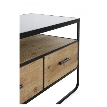 Mueble tv color natural. Madera de abeto, cristal y hierro. 134X38X50h