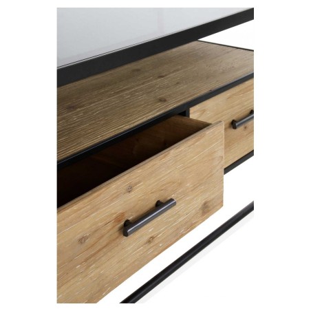 Mueble tv color natural. Madera de abeto, cristal y hierro. 134X38X50h