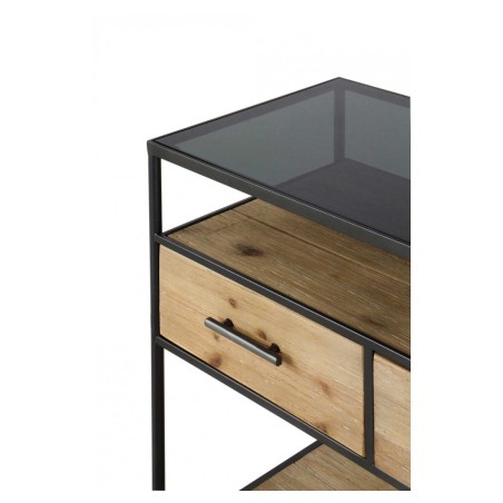 Comoda color natural. Madera de abeto, cristal y hierro. 120X36X80h