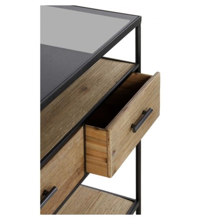 Comoda color natural. Madera de abeto, cristal y hierro. 120X36X80h