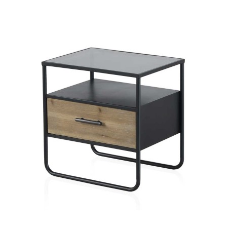 Mesita color natural. Madera de abeto, cristal y hierro. 46X35X47h