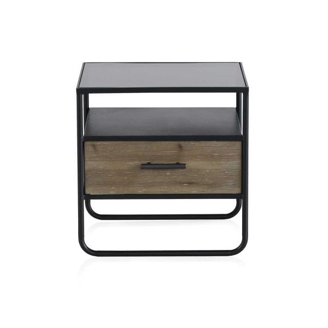 Mesita color natural. Madera de abeto, cristal y hierro. 46X35X47h