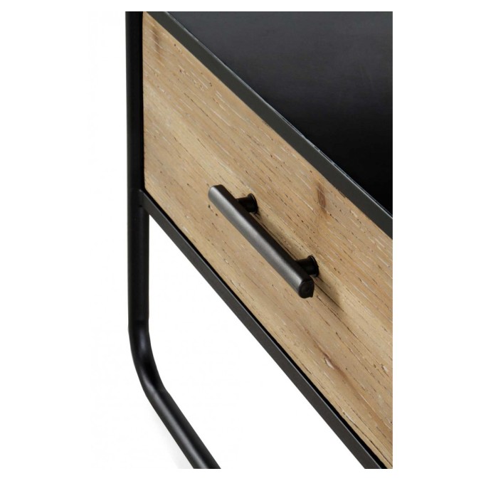 Mesita color natural. Madera de abeto, cristal y hierro. 46X35X47h