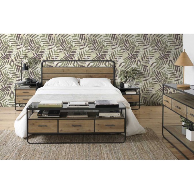 Mesita color natural. Madera de abeto, cristal y hierro. 46X35X47h