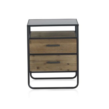 Mesita color natural. Madera de abeto, cristal y hierro. 46X36X59h