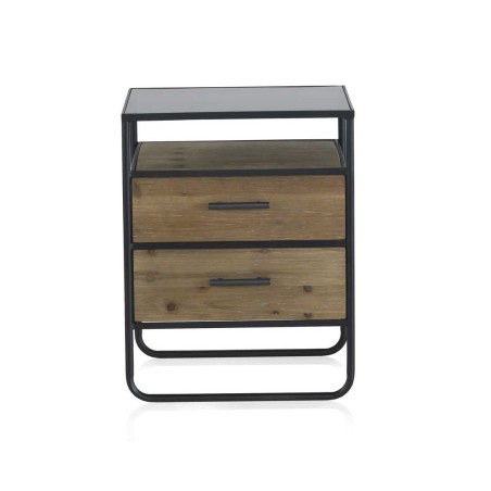 Mesita color natural. Madera de abeto, cristal y hierro. 46X36X59h