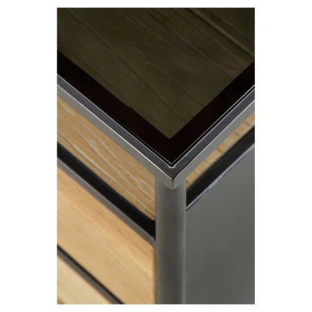 Mesita color natural. Madera de abeto, cristal y hierro. 46X36X59h