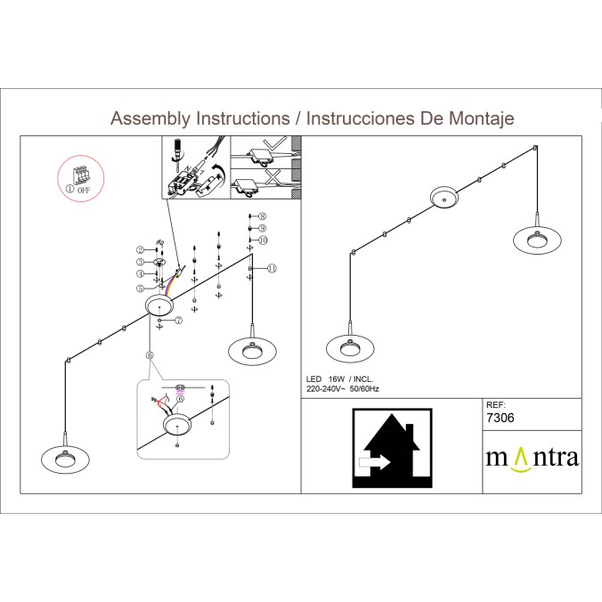 Lámpara LED 2*8W 3000K serie ORION Negro+Cuero - 200h