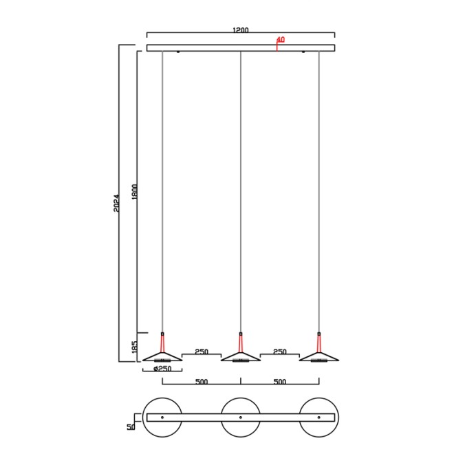 Lámpara 3 Luces serie ORION Negro+Cuero - 120x25x202.4h