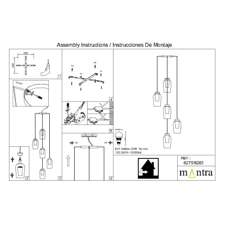 Colgante 5 Luces serie NORA NEGRO/MARMOL Negro/Marmol - 63.3x230h