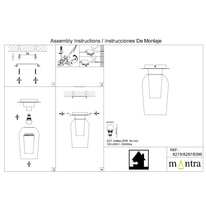 Semi-Plafón serie NORA NEGRO/MARMOL Negro/Marmol - 20x34h
