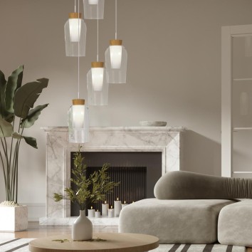 Colgante 5 Luces serie NORA BLANCO/MADERA Blanco/ Madera - 63.3x230h 2