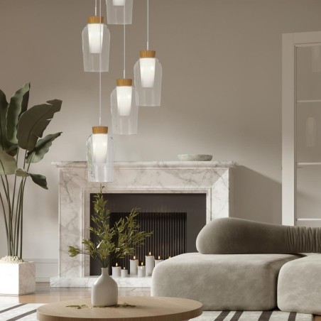 Colgante 5 Luces serie NORA BLANCO/MADERA Blanco/ Madera - 63.3x230h