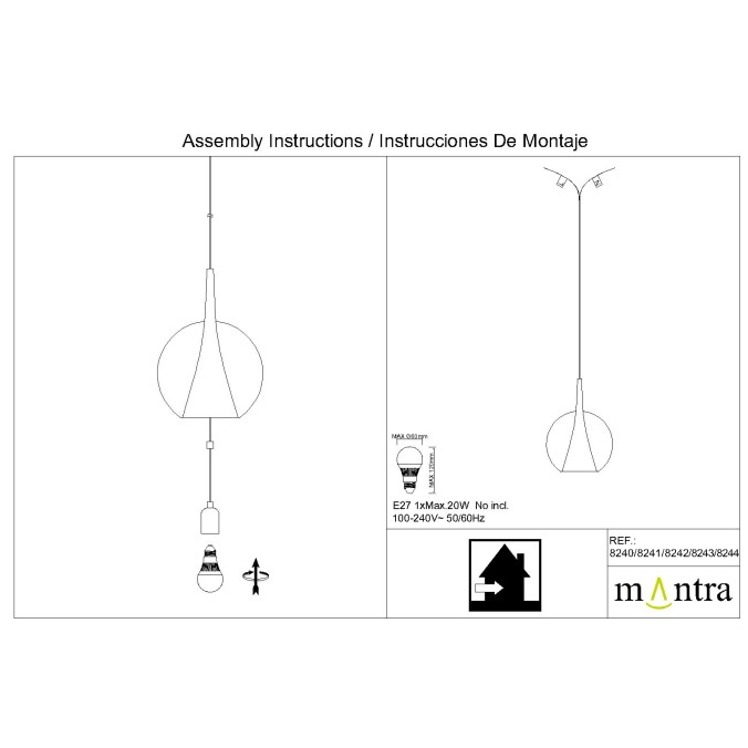 Colgante de bola de cristal 2.5M-E27 serie ELSA Transparente - 25x35h