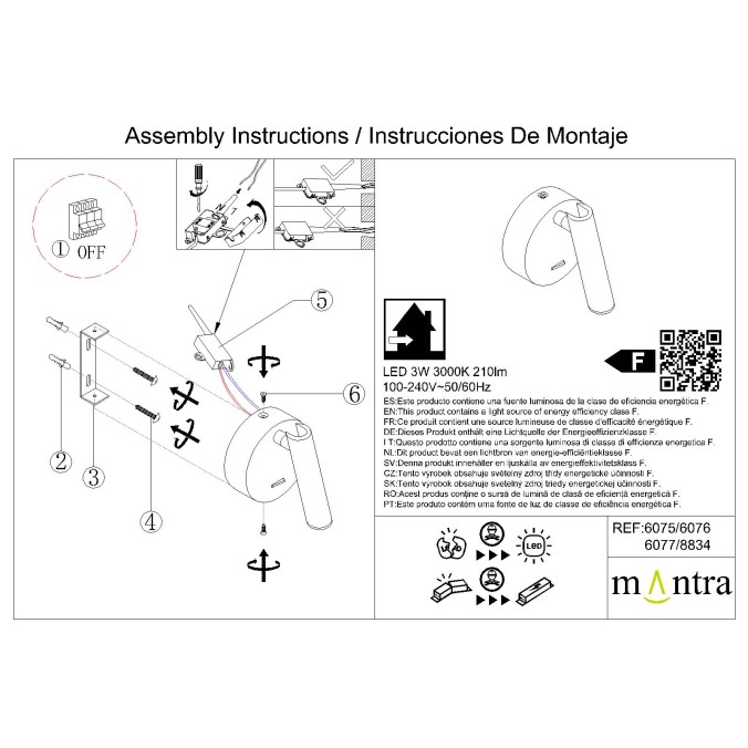 Aplique Lector LED  serie PREA Negro - 9x12x11h