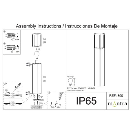 Bolardo 1L E27 Negro serie NEVADA Negro - 12x12x80h