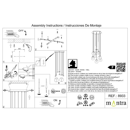 Colgante Redondo 8xLED 5W 3000K W/T Cristal serie ANDROMEDA Oro - 40x180h