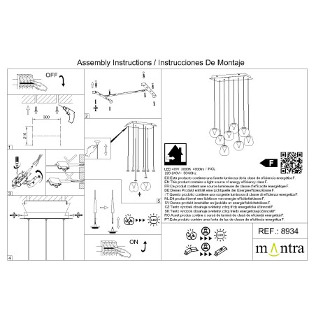 Colgante Cuadrado 8xLED 5W 3000K W/T Cristal serie ANDROMEDA Oro - 50x30x180h