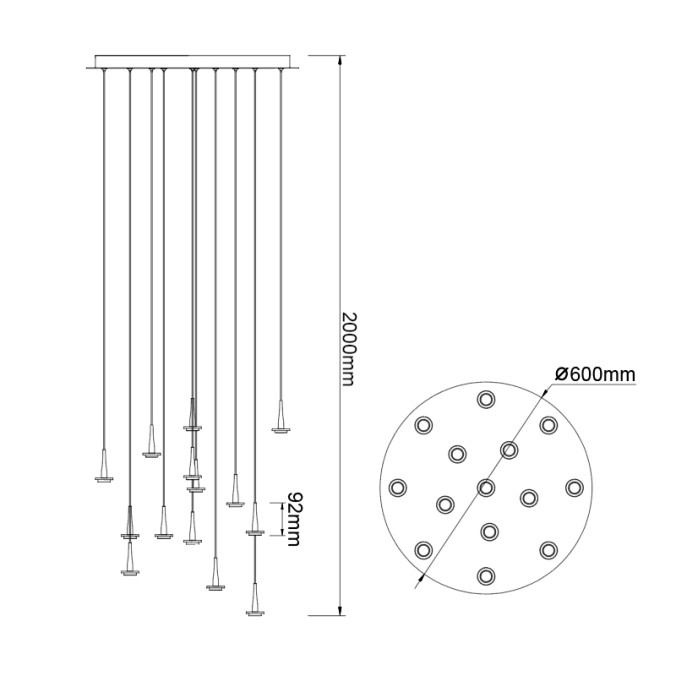 Colgante Redondo 14xLED 5W 3000K W/T Cristal serie ANDROMEDA Oro - 60x180h