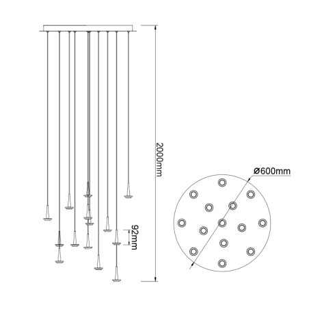 Colgante Redondo 14xLED 5W 3000K W/T Cristal serie ANDROMEDA Oro - 60x180h