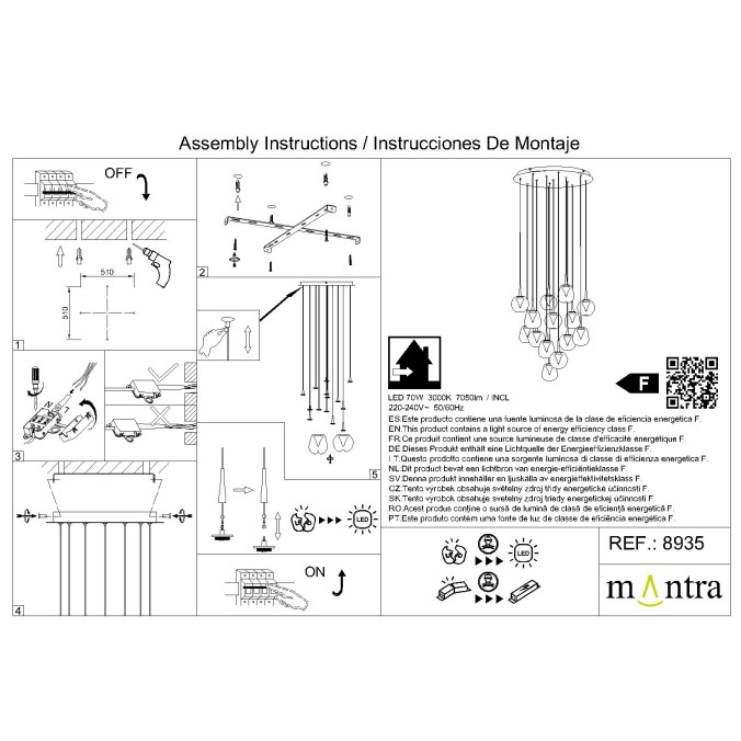 Colgante Redondo 14xLED 5W 3000K W/T Cristal serie ANDROMEDA Oro - 60x180h