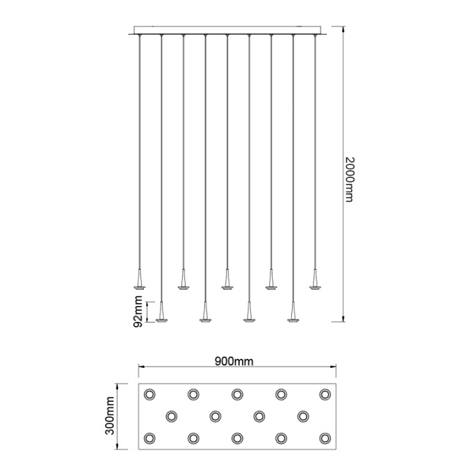 Colgante Cuadrado 14xLED 5W 3000K W/T Cristal serie ANDROMEDA Oro - 90x30x180h