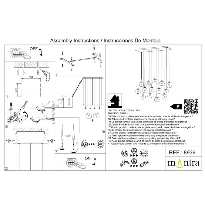 Colgante Cuadrado 14xLED 5W 3000K W/T Cristal serie ANDROMEDA Oro - 90x30x180h