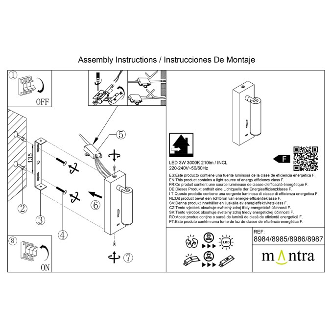 Aplique Lector LED 3W 3000K Blanco TYPE-C Cargador serie TARIFA III Blanco - 6x12.3x18h