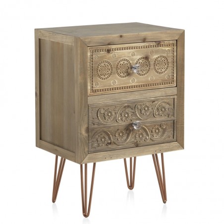 Mesilla vintage 40cm 2 cajones en abeto y metal