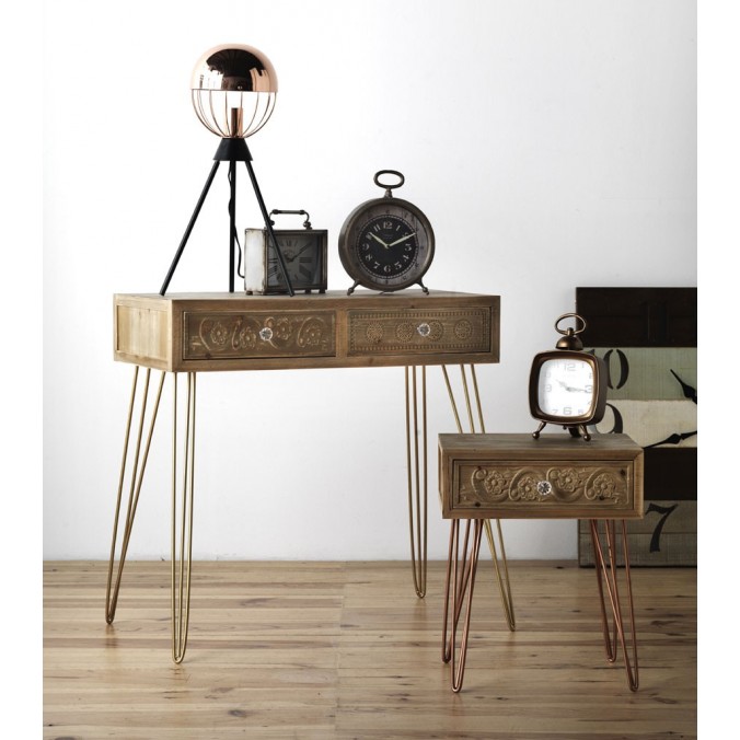 Mesilla estilo étnico 40cm madera de abeto y metal Mesilla estilo étnico 40cm madera de abeto y metal