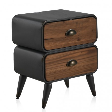 Mesita vintage 2 cajones hierro y madera de pino